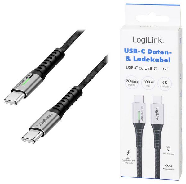 Produktbild: LogiLink USB-C&reg; Kabel USB 3.2 Gen2x2 USB-C&reg; Stecker 1.00 m Schwarz mit LED, 4K UHD, beidseitig verwendbarer Stecker CU0432