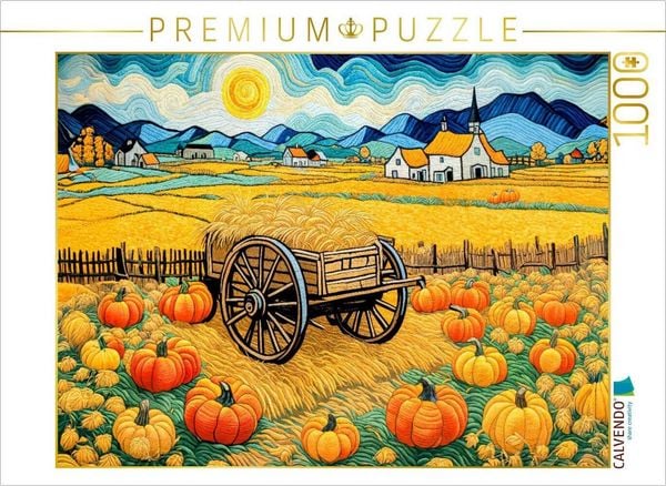 Produktbild: CALVENDO Puzzle K&uuml;rbisse und Heuwagen in goldener Herbstlandschaft | 1000 Teile Lege-Gr&ouml;&szlig;e 64x48cm Foto-Puzzle f&uuml;r gl&uuml;ckliche Stunden