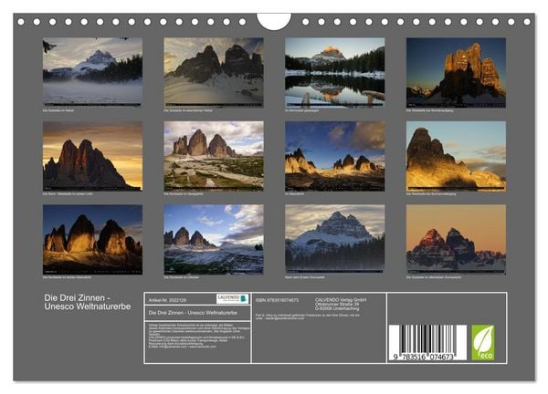 Produktbild: Die Drei Zinnen - Unesco Weltnaturerbe (Wandkalender 2026 DIN A4 quer), CALVENDO Monatskalender