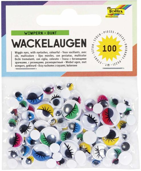 Folia Wackelaugen mit Wimpern, nicht selbstklebend, 6 Größen, 100 Stück, farbig sortiert