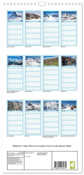 Produktbild: Familienplaner 2027 - Matterhorn - Eiger, M&ouml;nch und Jungfrau: Rund um die zeitlosen Gipfel mit 5 Spalten (Wandkalender, 21 x 45 cm) CALVENDO