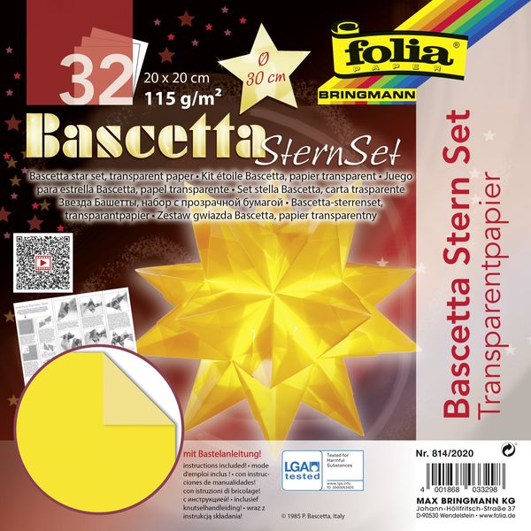 Folia Bascetta-Stern Set, TRANSPARENTPAPIER 115g/m², 20x20cm, 32 Blatt, gelb