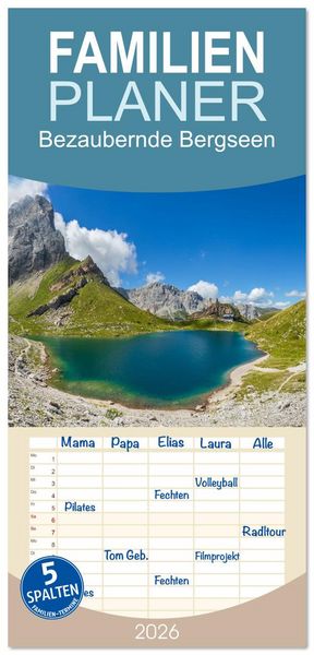 Produktbild: Familienplaner 2026 - Bezaubernde Bergseen mit 5 Spalten (Wandkalender, 21 x 45 cm) CALVENDO