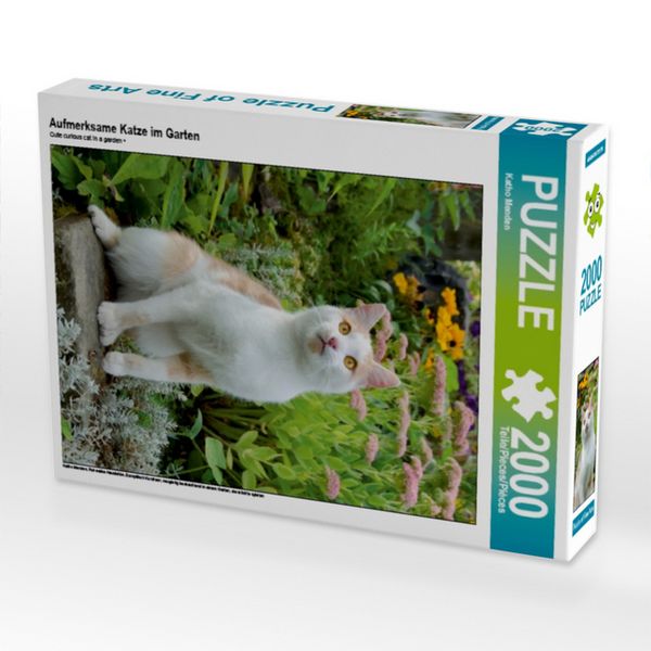 CALVENDO Puzzle Aufmerksame Katze im Garten | 2000 Teile Lege-Größe 90x67cm Foto-Puzzle für glückliche Stunden