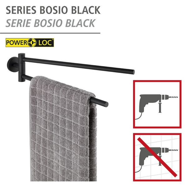 Produktbild: Handtuchhalter Mod. Bosio 2-armig inkl. Kleber, Schwarz matt, Befestigen ohne bohren - Power-Loc&reg;