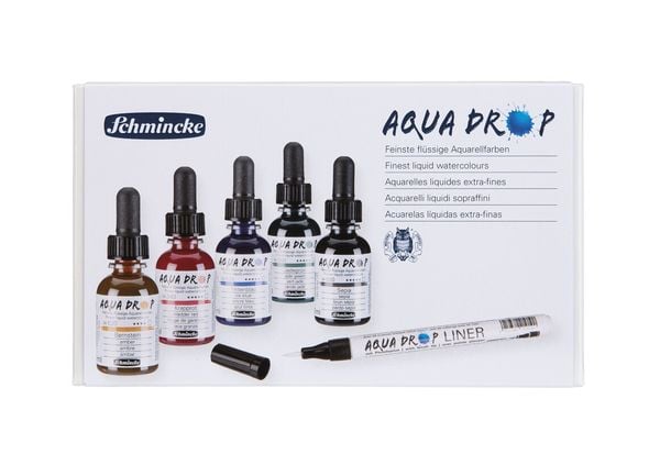 Produktbild: Schmincke AQUA DROP Aquarellfarbe, Kartonset lasierende Farbt&ouml;ne, 5 x 30 ml Flaschen + LINER mit Pinselspitze