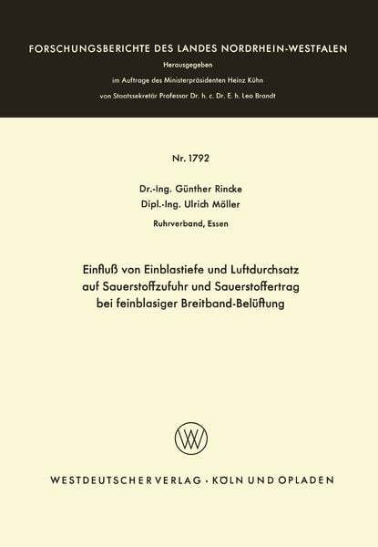 Produktbild: Einflu&szlig; von Einblastiefe und Luftdurchsatz auf Sauerstoffzufuhr und Sauerstoffertrag bei feinblasiger Breitband-Bel&uuml;ftung