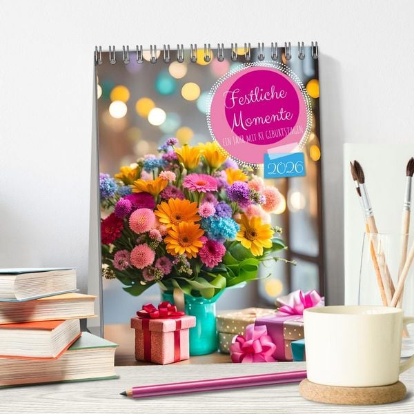 Produktbild: Festliche Momente - Ein Jahr mit KI Geburtstagen (Tischkalender 2026 DIN A5 hoch), CALVENDO Monatskalender