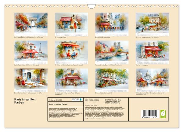 Produktbild: Paris in sanften Farben (Wandkalender 2027 DIN A3 quer), CALVENDO Monatskalender