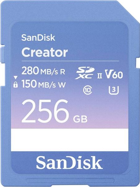 Produktbild: SanDisk Creator SDXC-Karte Retail 256 GB Class 10, v60 Video Speed Class, UHS-II U3 Schreibschutzschalter