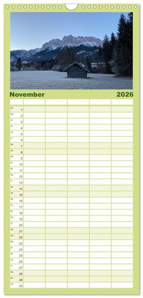 Produktbild: Familienplaner 2026 - Alpenauszeit - Die Bergh&uuml;tten unserer Alpen mit 5 Spalten (Wandkalender, 21 x 45 cm) CALVENDO
