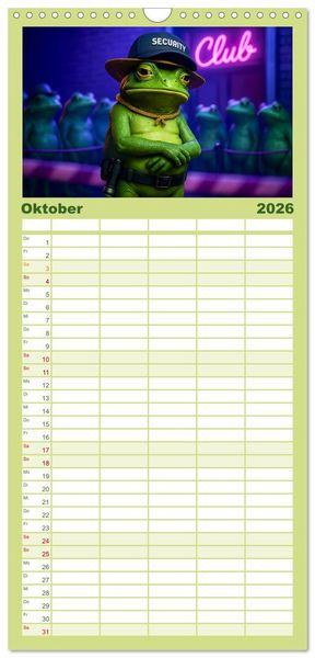 Produktbild: Familienplaner 2026 - Frosch bei der Arbeit- Dienst nach Vorschrift mit 5 Spalten (Wandkalender, 21 x 45 cm) CALVENDO