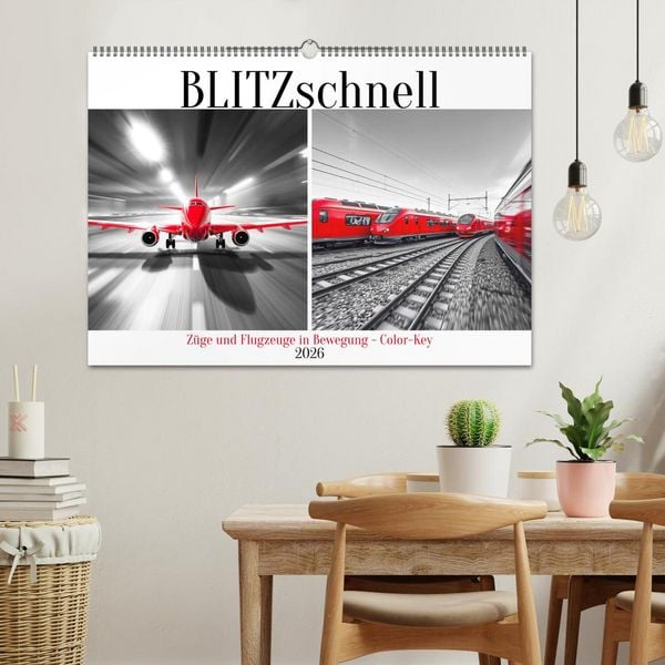 Produktbild: BLITZschnell - Z&uuml;ge und Flugzeuge in Bewegung - Color-Key (Wandkalender 2026 DIN A2 quer), CALVENDO Monatskalender