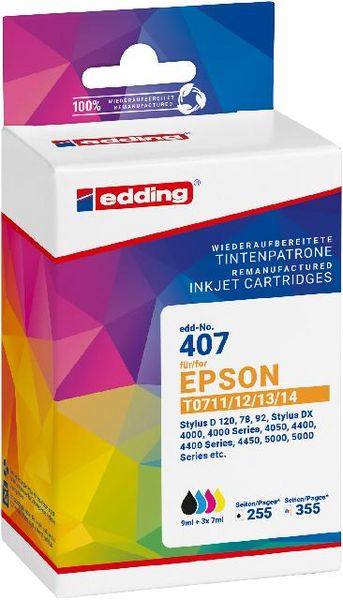 Produktbild: Edding Druckerpatrone ersetzt Epson T0715, T0711, T0712, T0713, T0714 Kompatibel Kombi-Pack Schwarz, Cyan, Magenta, Gelb EDD-407 18-407-01