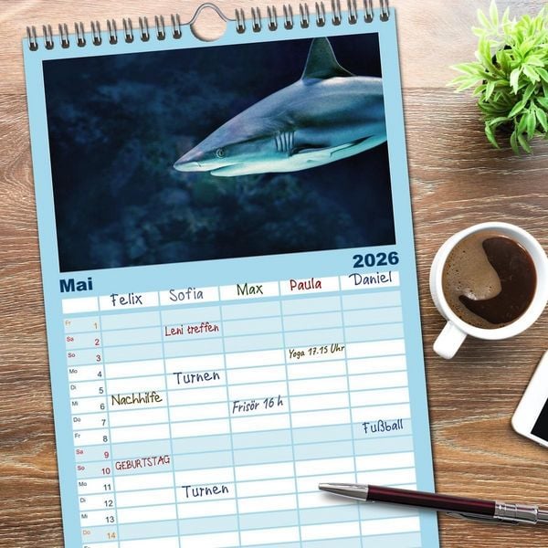 Produktbild: Familienplaner 2026 - Haie - K&ouml;nige der Meere. mit 5 Spalten (Wandkalender, 21 x 45 cm) CALVENDO
