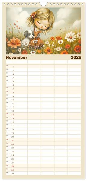 Produktbild: Familienplaner 2026 - M&auml;dchentr&auml;ume. S&uuml;&szlig;e Momente auf bl&uuml;henden Wiesen mit 5 Spalten (Wandkalender, 21 x 45 cm) CALVENDO