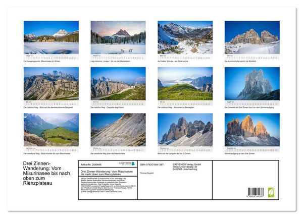 Produktbild: Drei Zinnen-Wanderung: Vom Misurinasee bis nach oben zum Rienzplateau (Wandkalender 2026 DIN A2 quer), CALVENDO Monatskalender