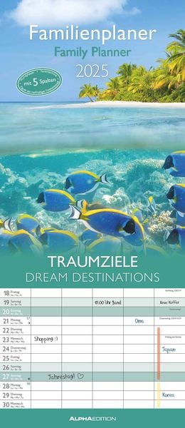 Traumziele 2025 Familienplaner - Familienkalender - Wandkalender - 19,5x45