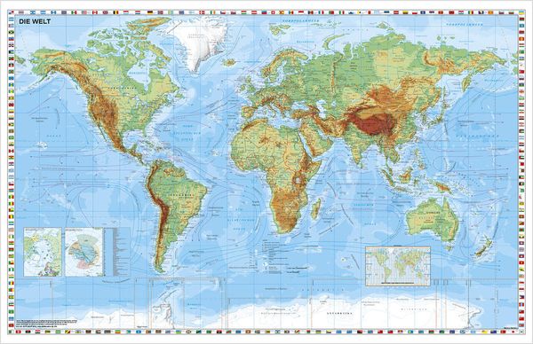 Weltkarte physisch - Wandkarte laminiert