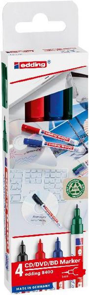 Produktbild: EDDING&reg; CD/DVD/BD Marker 8400, 4er Etui (rot, blau, gr&uuml;n, schwarz) Kartonetui