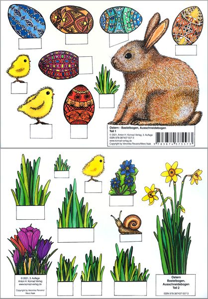 Ostern - Bastelbogen, Ausschneidebogen. Osterhase, Ostereier, Küken und Blumen zum Basteln.