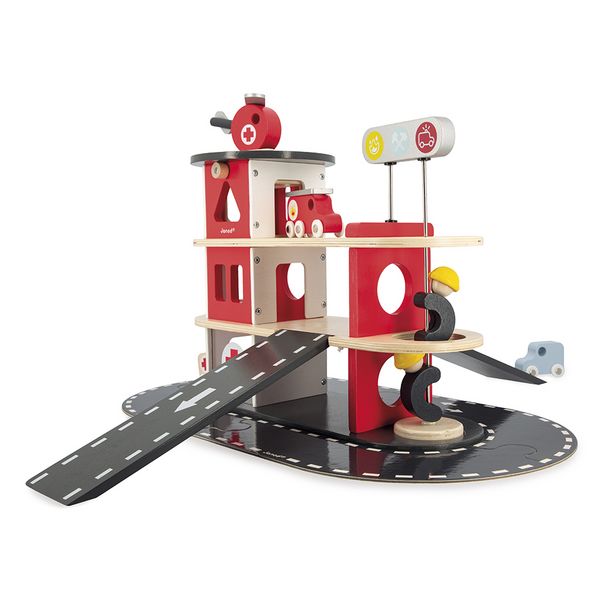 Produktbild: Holz-Feuerwehr-Spielset mit Fahrzeugen & Helikopter ab 2 Jahren