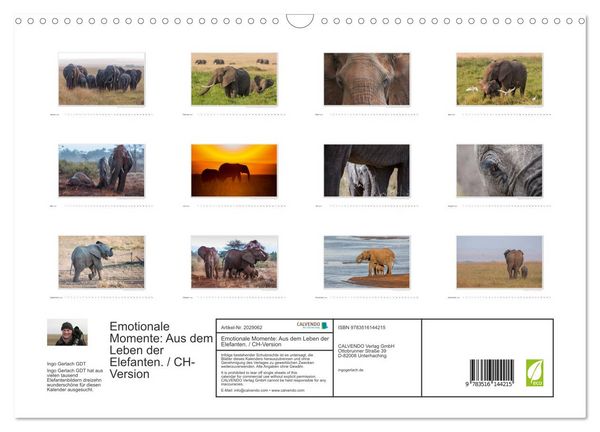 Produktbild: Emotionale Momente: Aus dem Leben der Elefanten. / CH-Version (Wandkalender 2026 DIN A3 quer), CALVENDO Monatskalender
