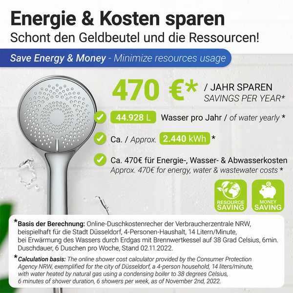Produktbild: Duschkopf Watersaving Chrom &Oslash; 11 cm, Universal-Handbrause mit Wasserspar-System