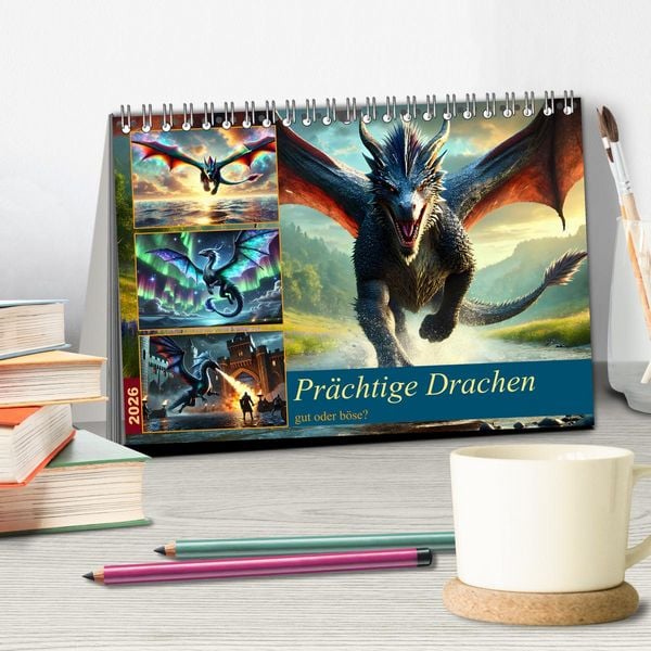 Produktbild: Pr&auml;chtige Drachen, gut oder b&ouml;se? (Tischkalender 2026 DIN A5 quer), CALVENDO Monatskalender