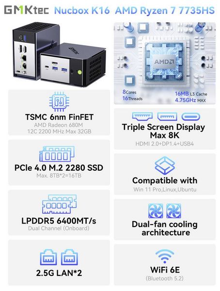 Produktbild: GMKtec Mini PC K17 Intel Core Ultra 5 226V 16+512GB Intel&reg; Core&trade; Ultra 5 226V 4.5GHz 16GB RAM 512GB SSD Intel Arc&trade; 130V Graphics