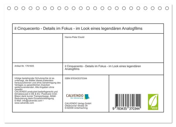 Produktbild: il Cinquecento - Details im Fokus - im Look eines legend&auml;ren Analogfilms (Tischkalender 2025 DIN A5 quer), CALVENDO Monatskalender