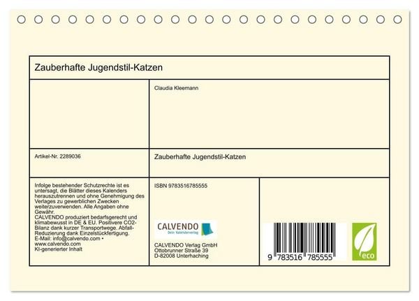 Produktbild: Zauberhafte Jugendstil-Katzen (Tischkalender 2027 DIN A5 quer), CALVENDO Monatskalender