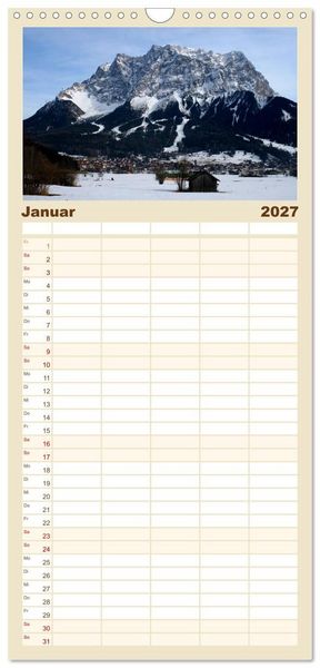 Produktbild: Familienplaner 2027 - Berge und Seen rund um die Zugspitze mit 5 Spalten (Wandkalender, 21 x 45 cm) CALVENDO
