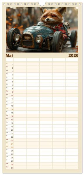 Produktbild: Familienplaner 2026 - Tierische Rennfahrer - Mit Tieren im Oldtimer durch das Jahr mit 5 Spalten (Wandkalender, 21 x 45 cm) CALVENDO