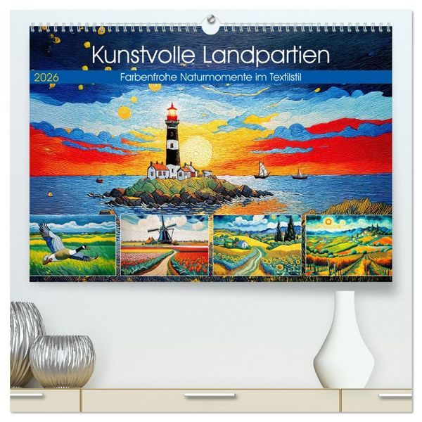 Produktbild: Kunstvolle Landpartien - Farbenfrohe Naturmomente im Textilstil (hochwertiger Premium Wandkalender 2026 DIN A2 quer), Kunstdruck in Hochglanz
