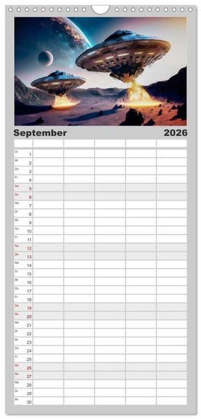 Produktbild: Familienplaner 2026 - Fliegende Untertasse - Die gro&szlig;e Fantasiereise mit 5 Spalten (Wandkalender, 21 x 45 cm) CALVENDO