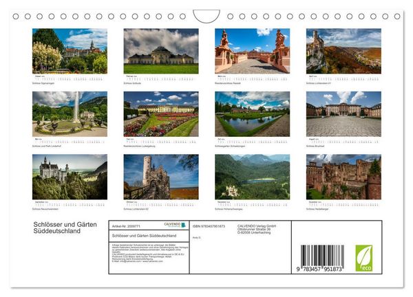 Produktbild: Schl&ouml;sser und G&auml;rten S&uuml;ddeutschland (Wandkalender 2026 DIN A4 quer), CALVENDO Monatskalender
