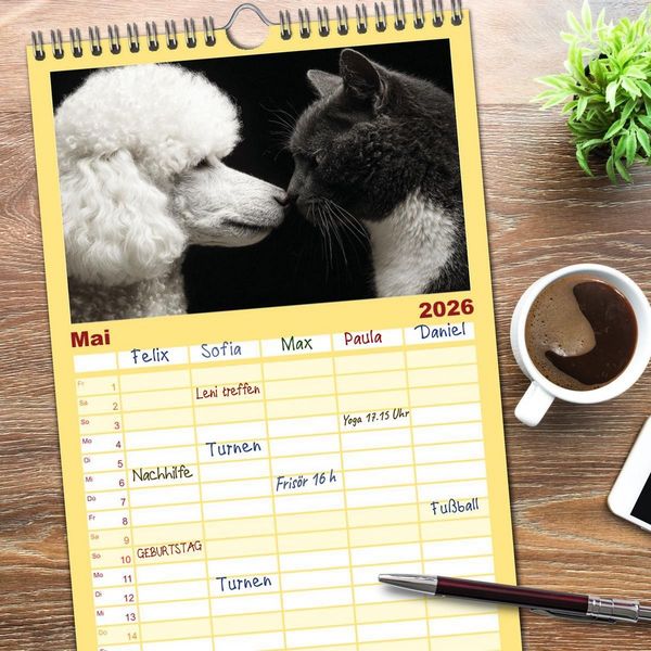 Produktbild: Familienplaner 2026 - Hund und Katze - Tierische Freunde mit 5 Spalten (Wandkalender, 21 x 45 cm) CALVENDO