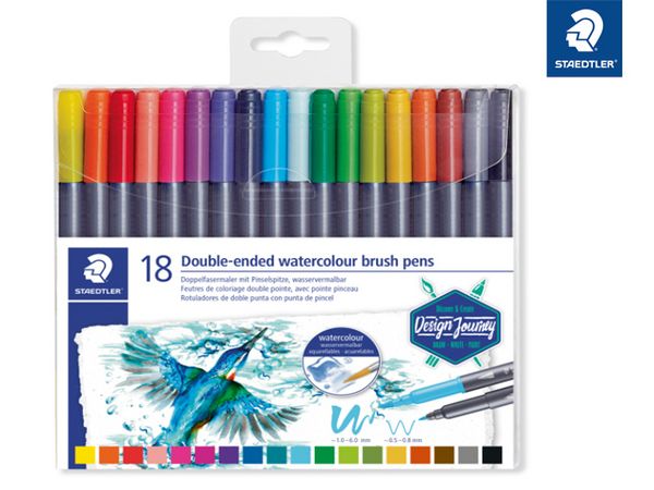 Produktbild: STAEDTLER Schreib- und Zeichbedarf 3001 Doppelfasermaler mit Pinselspitze, wasservermalbar, 18er Set
