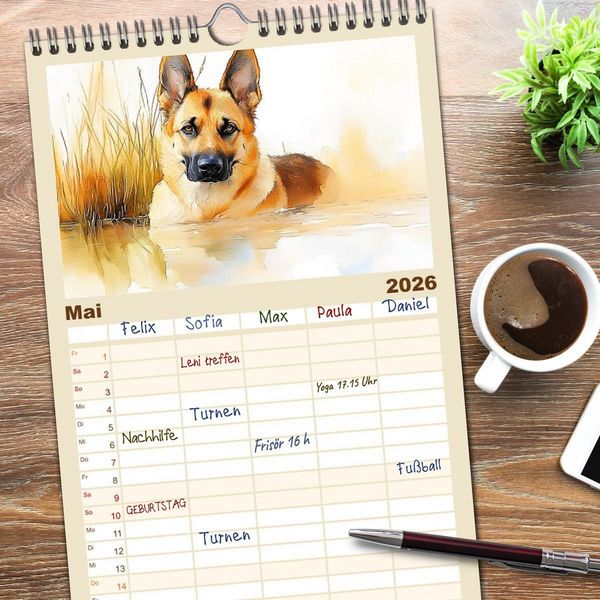 Produktbild: Familienplaner 2026 - Deutsche Sch&auml;ferhunde. Majest&auml;tische W&auml;chter im Aquarell-Stil mit 5 Spalten (Wandkalender, 21 x 45 cm) CALVENDO