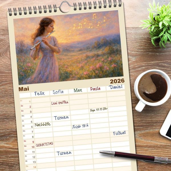 Produktbild: Familienplaner 2026 - Im Zauber der Musik - Romantische Kunstwerke zwischen Klang und Farbe mit 5 Spalten (Wandkalender, 21 x 45 cm) CALVENDO