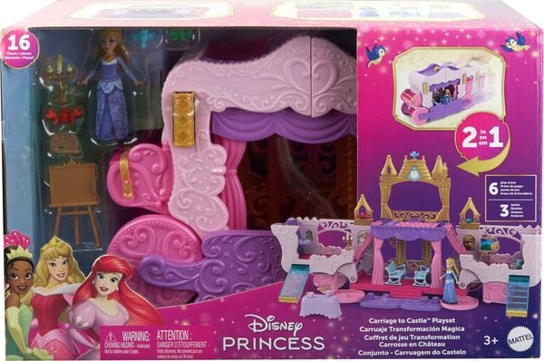 Produktbild: Disney Prinzessin Verwandlungs-Spielset Kutsche zu Schloss mit kleiner Aurora-Puppe, 4 Figuren und 3 Ebenen