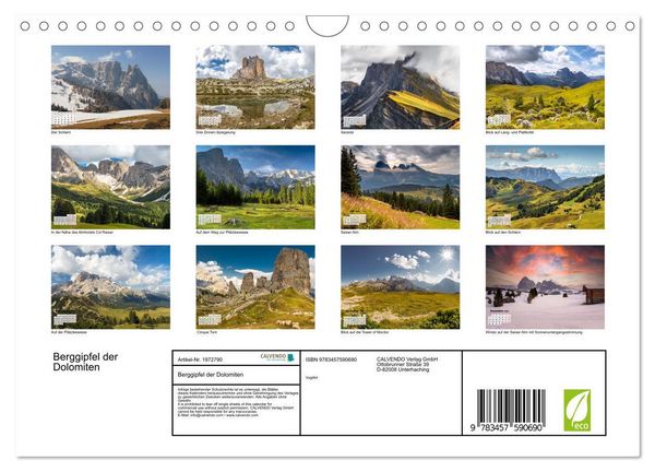 Produktbild: Berggipfel der Dolomiten (Wandkalender 2026 DIN A4 quer), CALVENDO Monatskalender