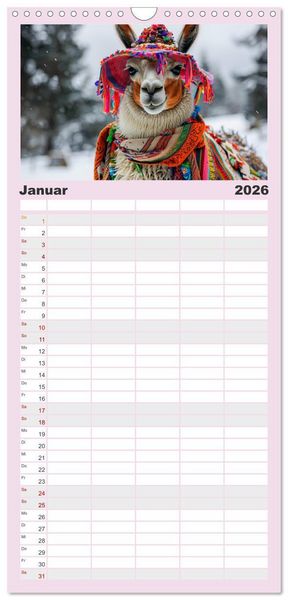 Produktbild: Familienplaner 2026 - Lamas auf Tour. Perus flauschige Fashion-Ikonen mit 5 Spalten (Wandkalender, 21 x 45 cm) CALVENDO