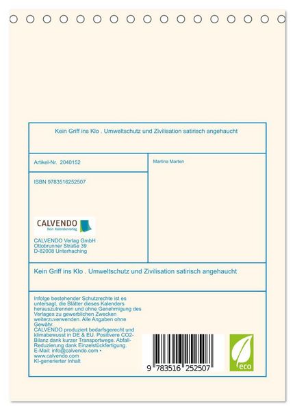 Produktbild: Kein Griff ins Klo . Umweltschutz und Zivilisation satirisch angehaucht (Tischkalender 2026 DIN A5 hoch), CALVENDO Monatskalender