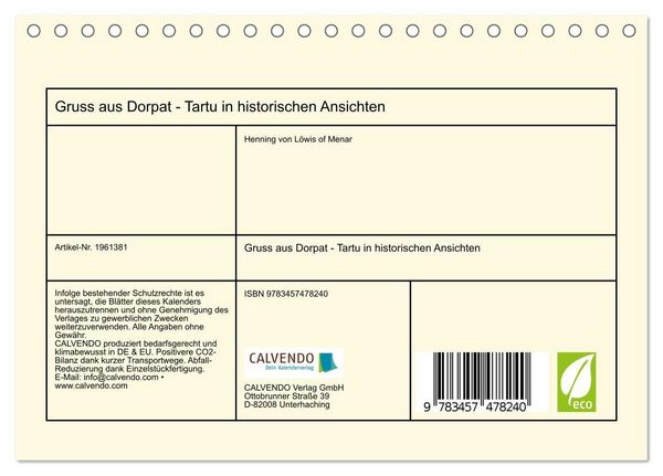 Produktbild: Gruss aus Dorpat - Tartu in historischen Ansichten (Tischkalender 2026 DIN A5 quer), CALVENDO Monatskalender