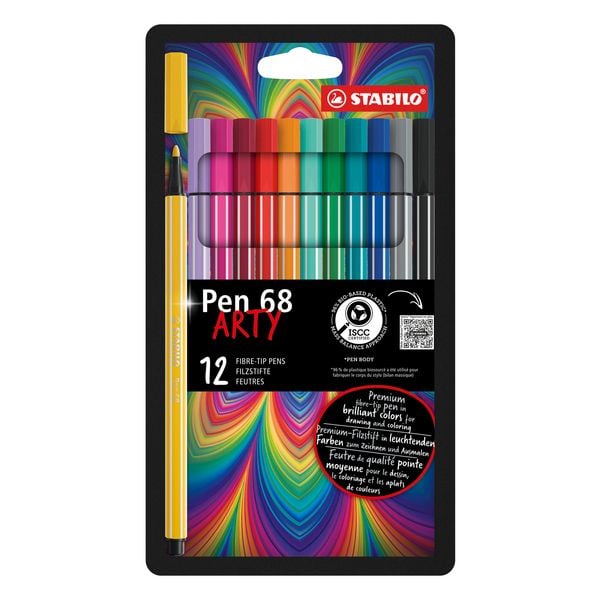 STABILO Premium-Filzstift - Pen 68 - ARTY - 12er Pack mit Hängelasche - mit 12 verschiedenen Farben