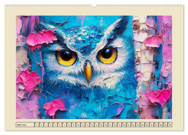 Produktbild: Bunte Eulenpoesie. Kunstvolle V&ouml;gel in &Ouml;lgem&auml;lde-Optik (Wandkalender 2026 DIN A2 quer), CALVENDO Monatskalender