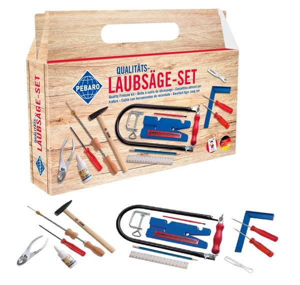 PEBARO 925P - Laubsäge-Set im Tragegriff-Karton, Komplettes Set mit Kunststoffbrettchen+Drillbohrer+Werkzeug+Anleitungsheft Sägen mit Siggi