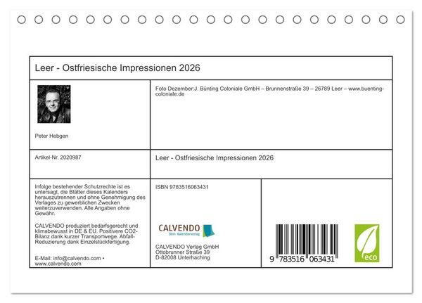 Produktbild: Leer - Ostfriesische Impressionen 2026 (Tischkalender 2026 DIN A5 quer), CALVENDO Monatskalender